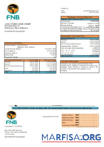 Realistic Botswana First National Bank mortgage statement scr download for verification